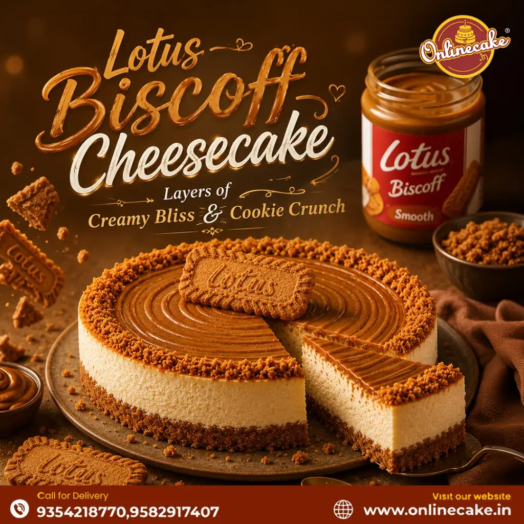 Lotus Biscoff cheesecake graphic for Onlinecake.in